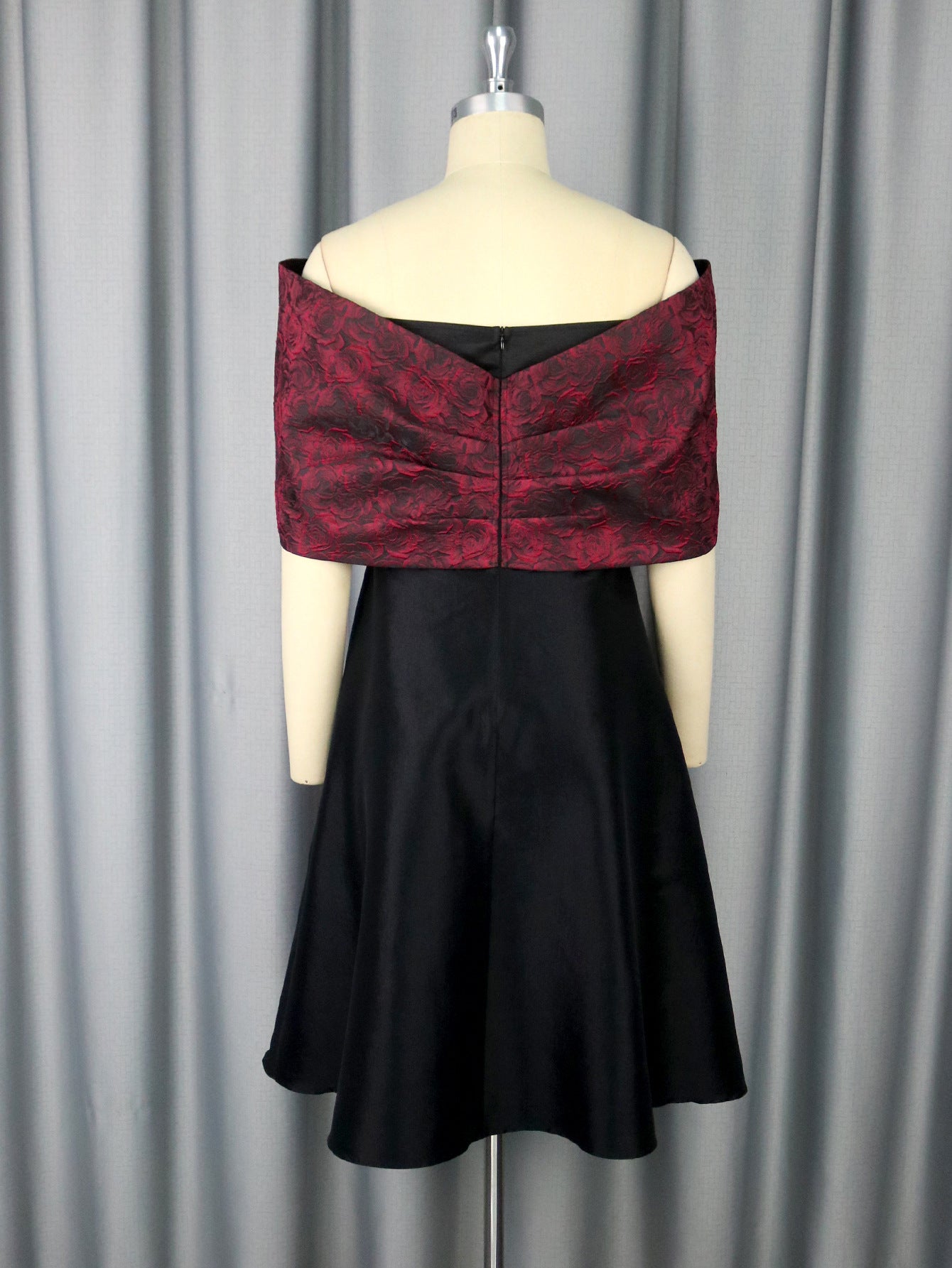 African Elegant Bow Off-Shoulder Rose Jacquard Patchwork Black Formal Party Dress 8