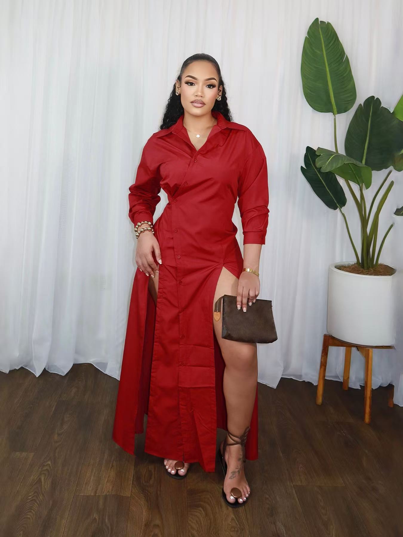 Women Fall/Winter V-Neck Slit Shirt Dress 3