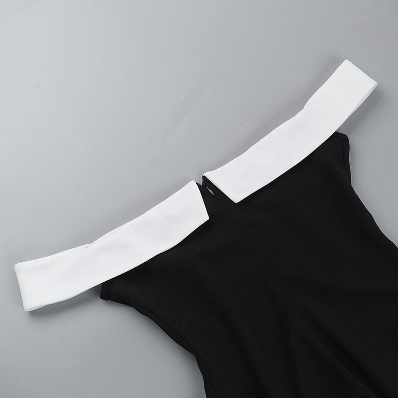 Summer Off Shoulder Contrast Color Elegant Slim Waist Tight Fitting Short Dress 15