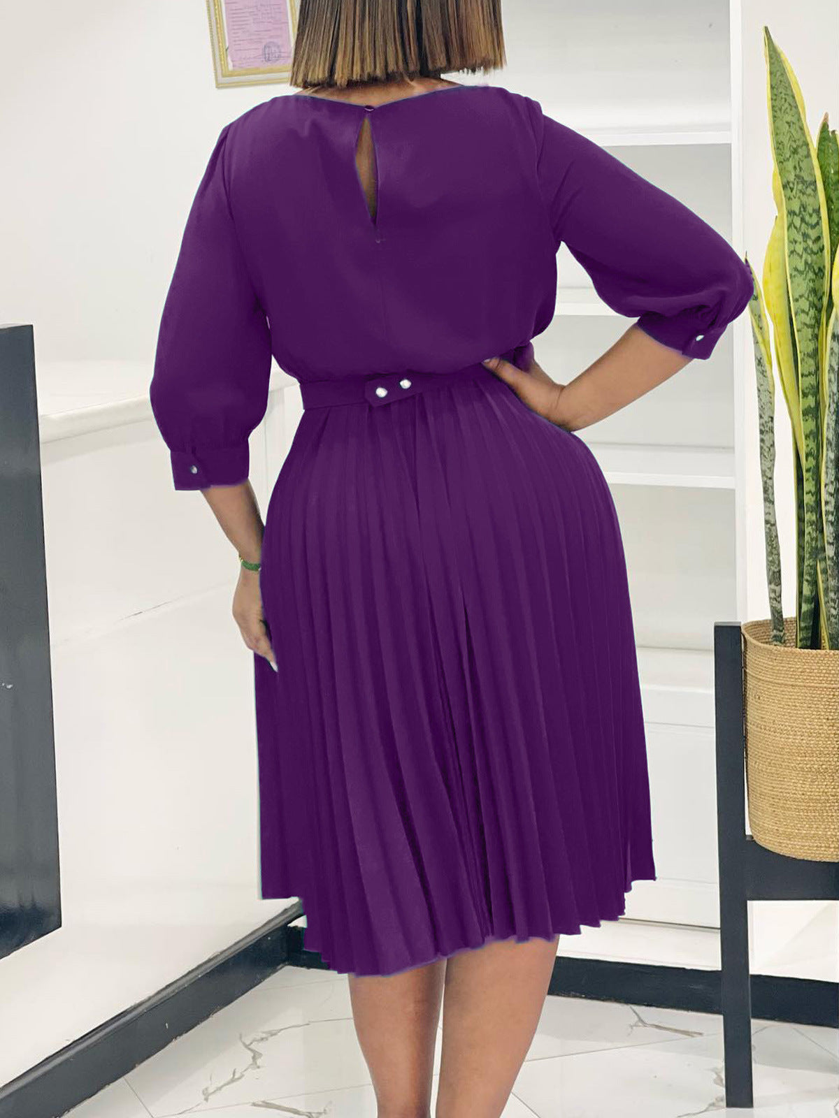 Women's Chic Fashion Elegant Round Neck Three-Quarter Sleeve Pleated African Dress 6