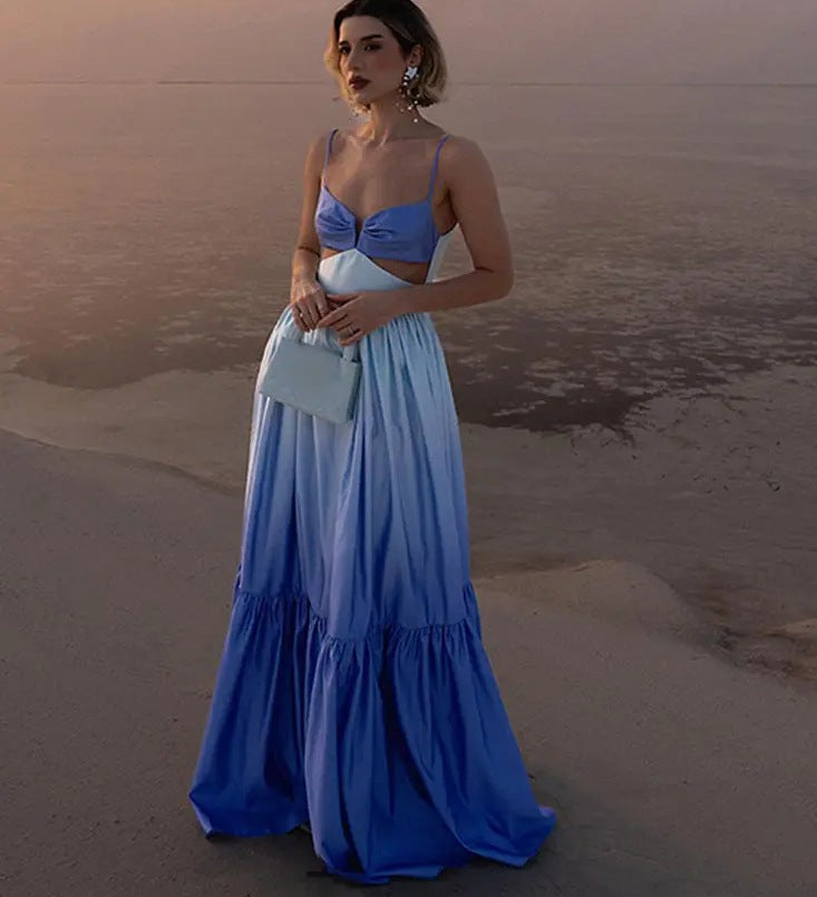 Women Gradient Color Suspender Cut Out Maxi Dress 3