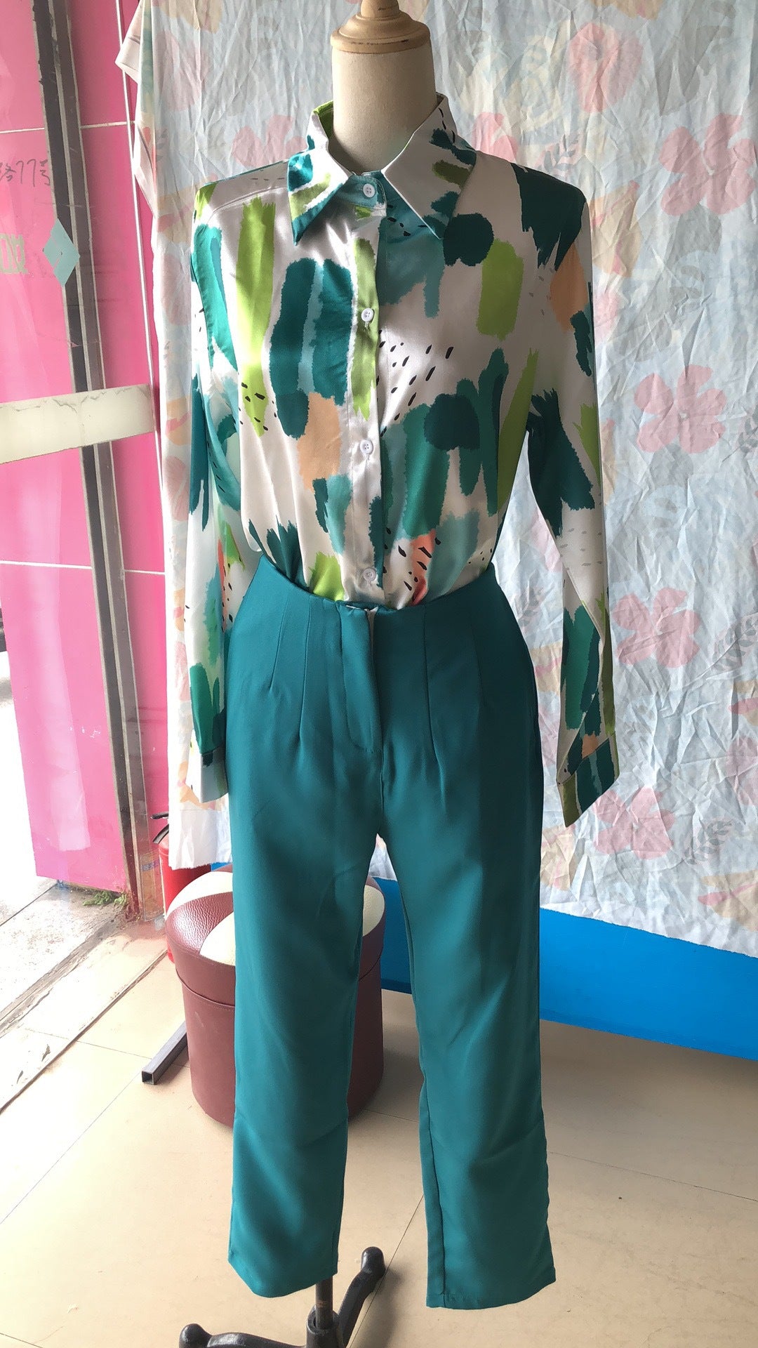 Career Women's Summer Chic Long Sleeve Shirt High Waist Cropped Pants Tight Pants Set 9