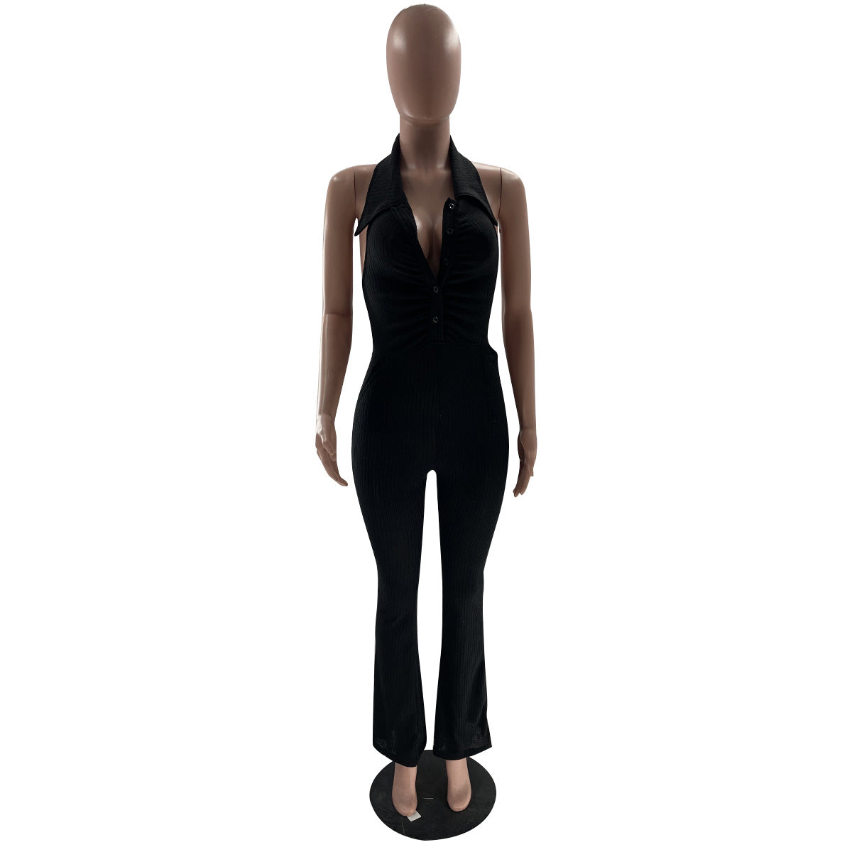 Women's Solid Color Sexy Low Back Halter Neck Turndown Collar Jumpsuit 22