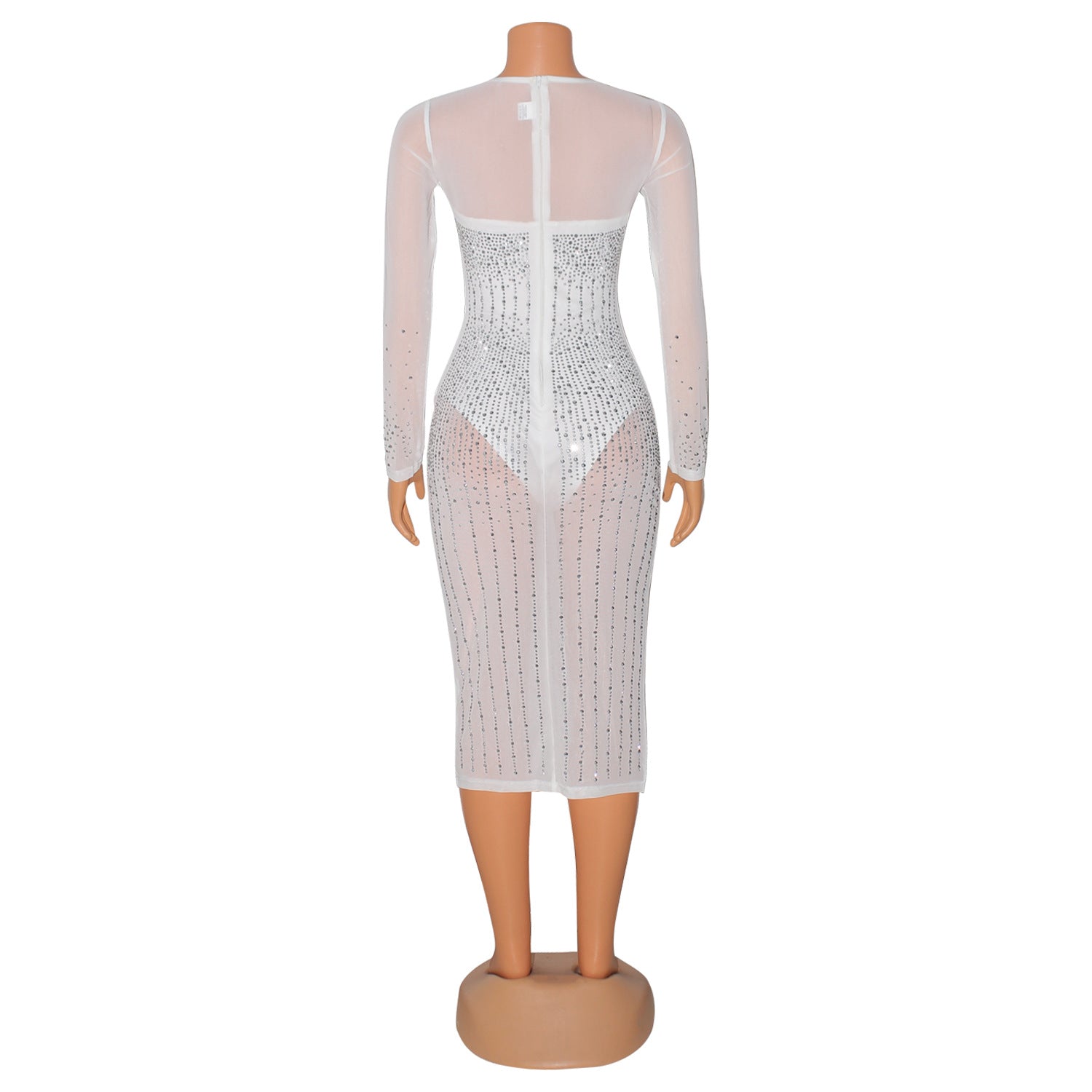 Fall Winter Women's Sexy Mesh Beaded One Piece Long Sleeve Dress 7