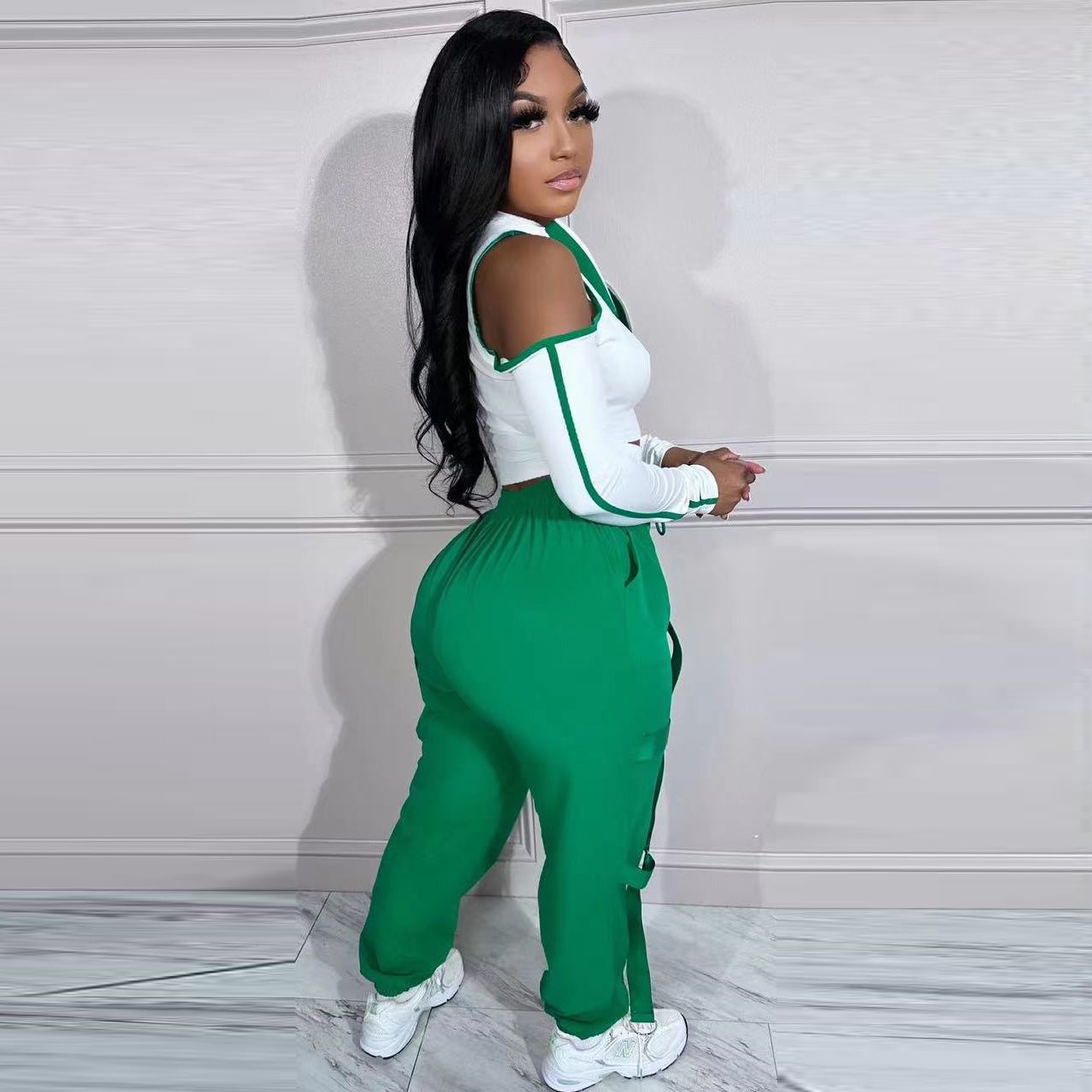 Fashionable Color Contrast Cutout Long Sleeve Two Piece Pants Set 5