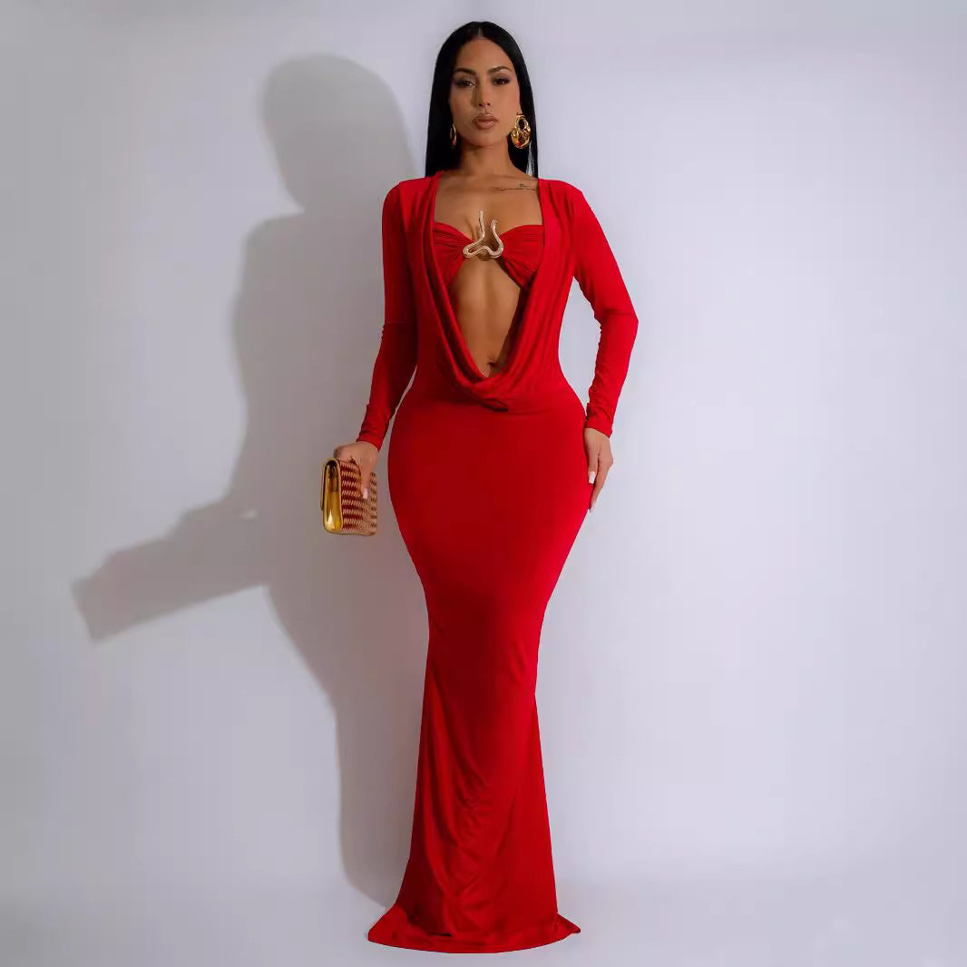 Women V-neck draped pleated long-sleeved sexy Bodycon Dress 4