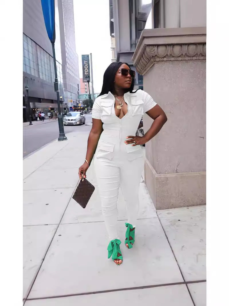 Solid Color Zipper Camo/Solid Color Pocket Women's Cargo Jumpsuit Fashion Casual Women's Clothing 7