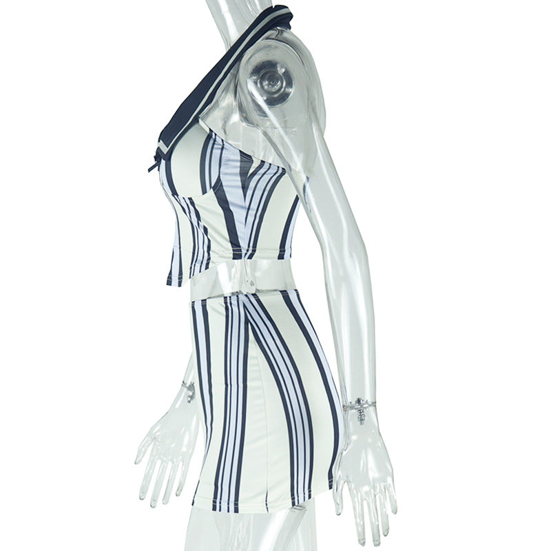 Women Fall Style Printed Sleeveless Halter Neck Striped Contrast Top and Skirt Two Piece Set 7