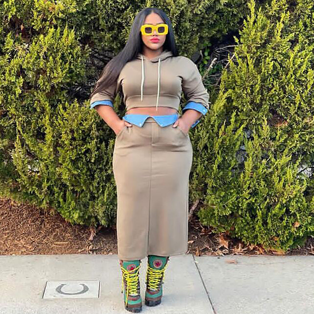 Women Winter Casual Long Sleeve Hoodies and Denim Patchwork Slit Skirt Two-piece Set 9