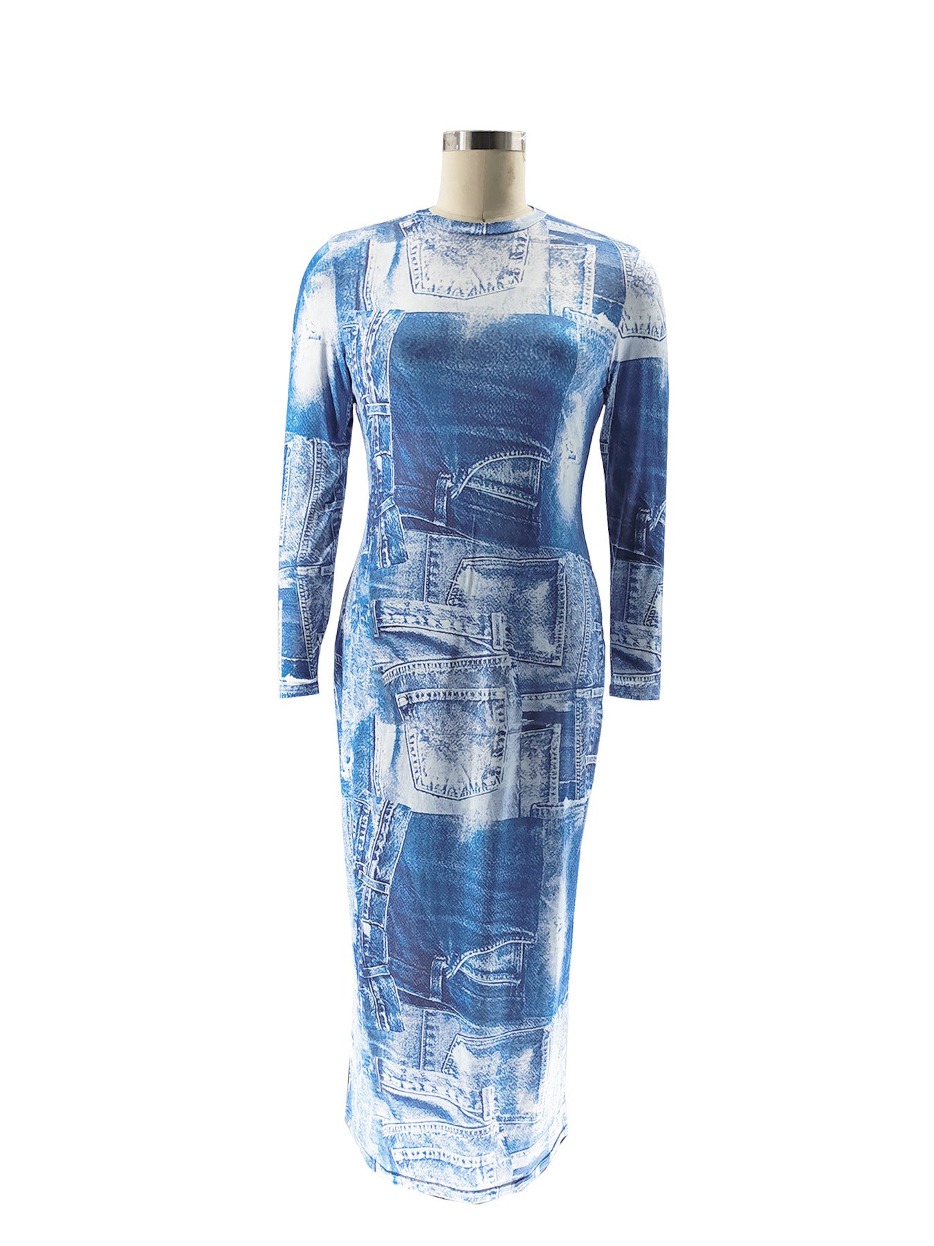 Plus size Women's Autumn winter Round Neck Long Sleeve Denim Pattern Print Slim Long Dress 4