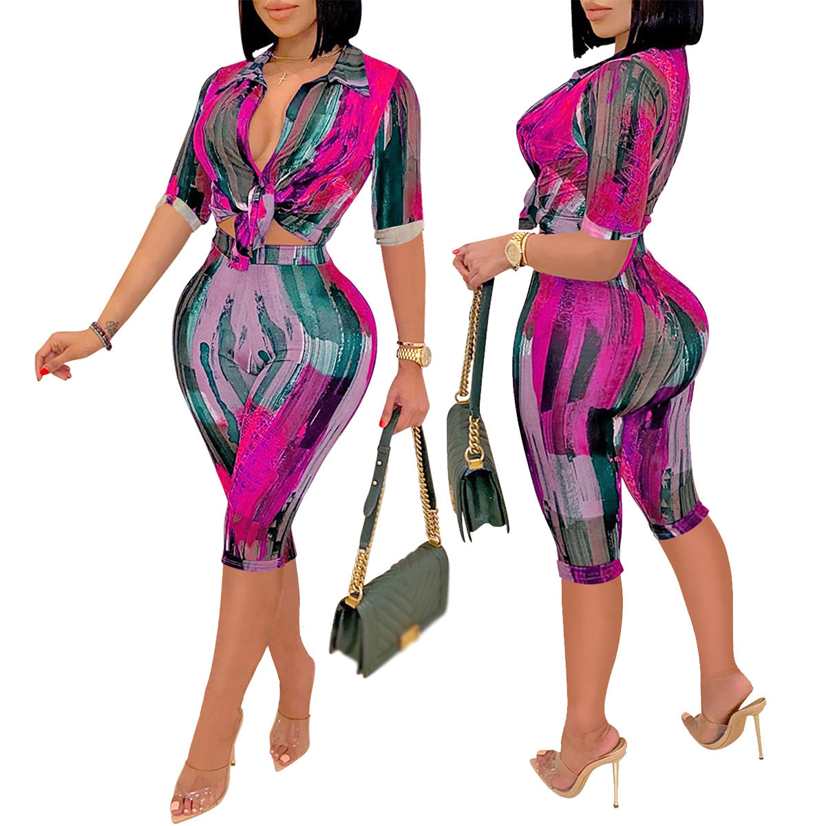 Casual Printed V-Neck Short-Sleeve Shirt Mid-Length Shorts Two-Piece Set 4