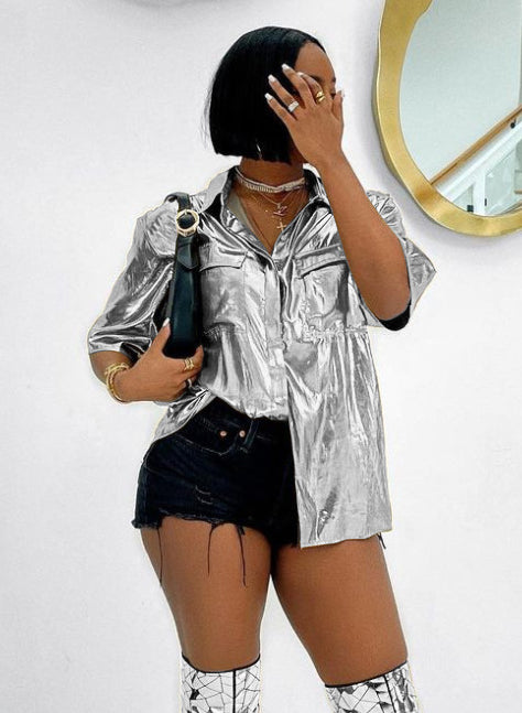 Women'S Fashion Casual Faux Leather Shiny Shirt Top