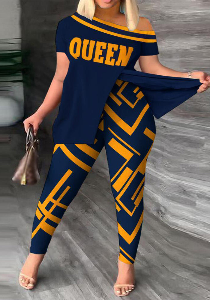 Women's Casual Fashion Graphic Print Slit Short Sleeve Top Pants Two Piece Set