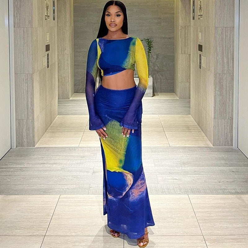 Bell Bottom Sleeve Pleated Crop Top High Waisted Bodycon Skirt Fashionable Two-Piece Printed Tight Fitting Skirt Set 3