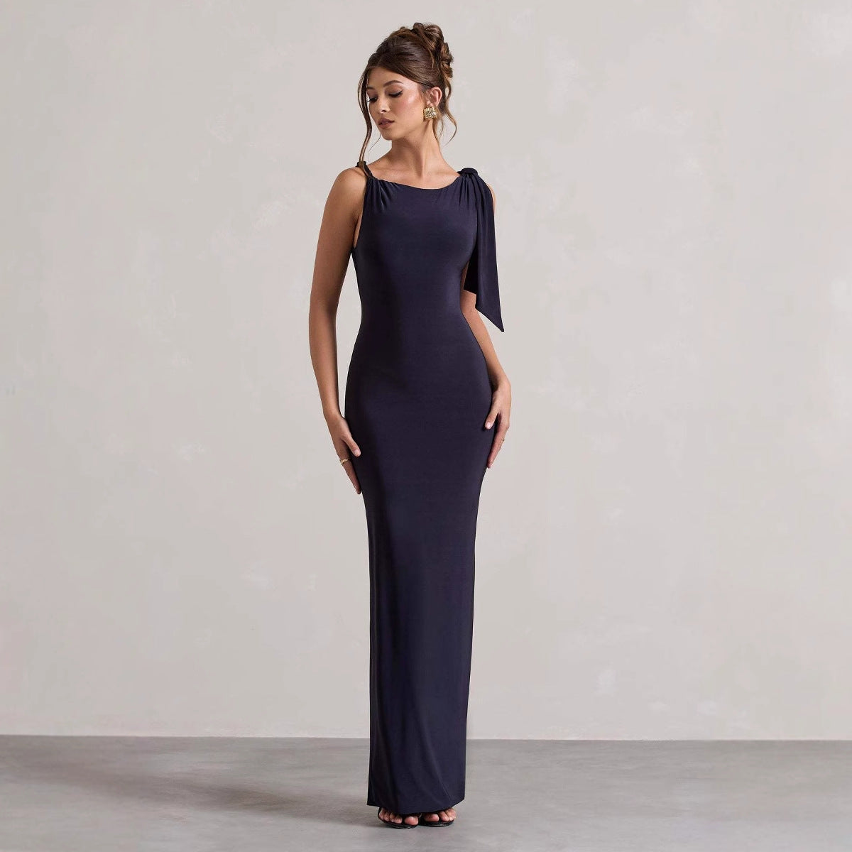 Women summer one-shoulder ribbon Solid dress 8