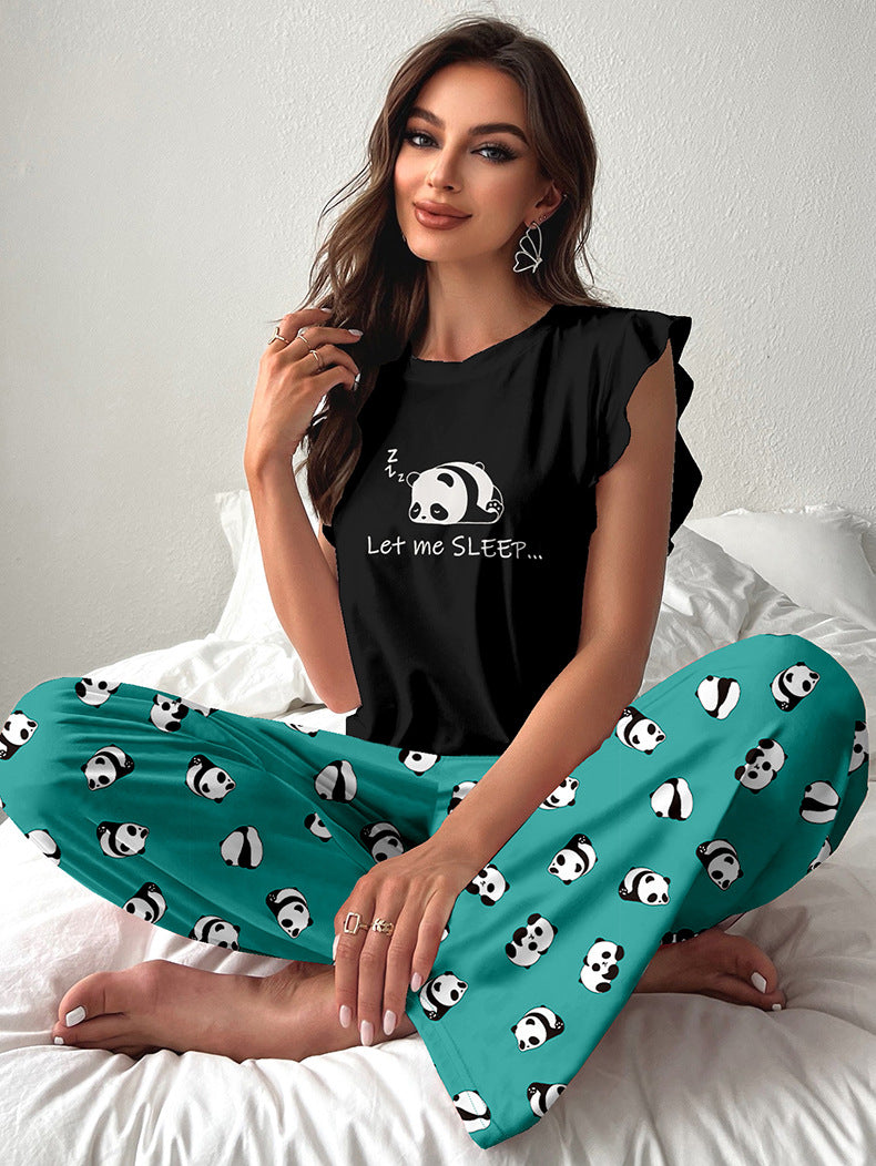Summer Panda Print Flying Sleeve Pajamas Set Women's Home Clothes