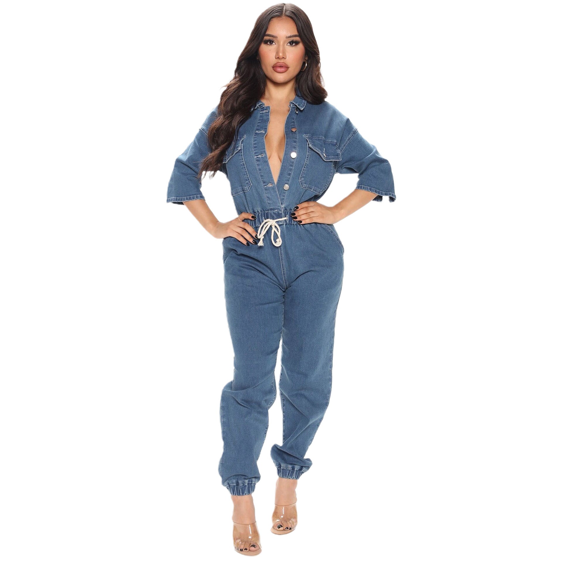 Women Casual Pocket Half Sleeve Denim Jumpsuit 3