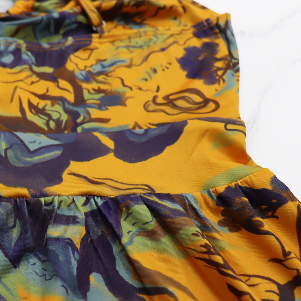 Women Deep V Sexy Camisole Ruffle Edge Print Backless Dress 16