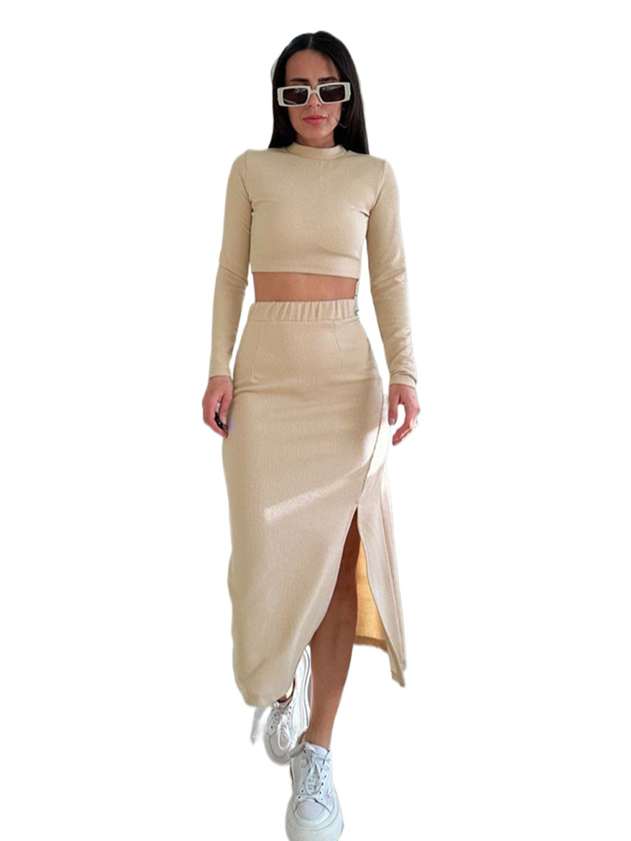 Spring And Autumn Solid Color Ribbed Round Neck Long-Sleeved Women's Two-Piece Fashionable Slit Maxi Skirt Set 8