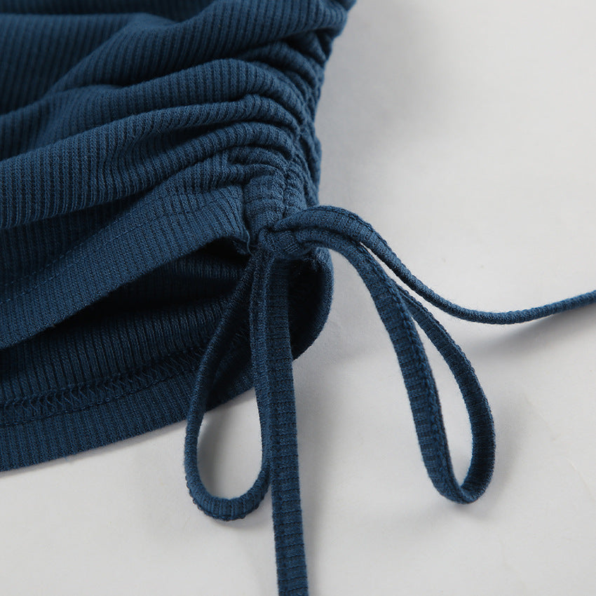 Women sexy Round Neck Bell Bottom sleeve lace-up knitting solid dress 17