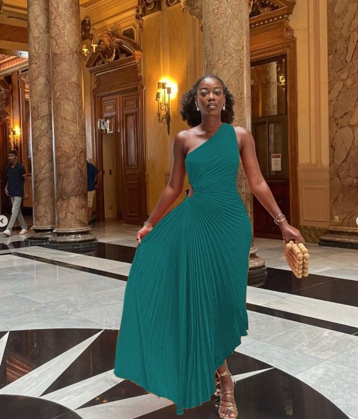 Elegant Slim Fit One Shoulder Cutout Pleated Gown Dress 16