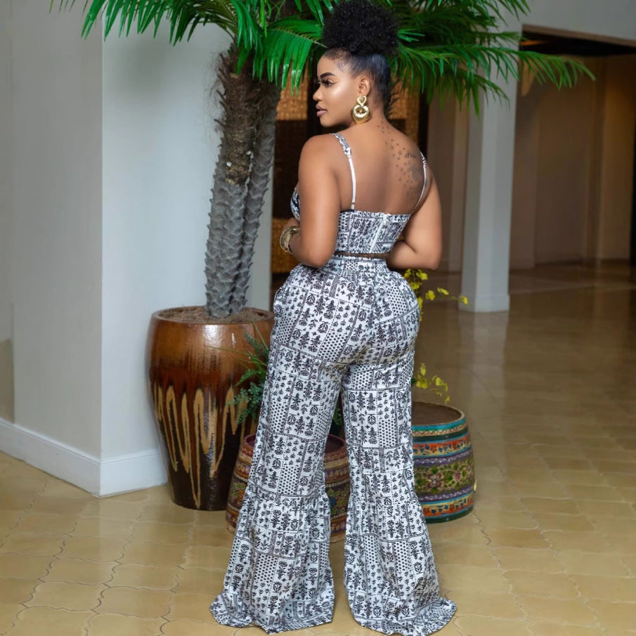 Women's Fashion Black/White Print Strap Top High-Waist Bell Bottom Pants Two-Piece Set