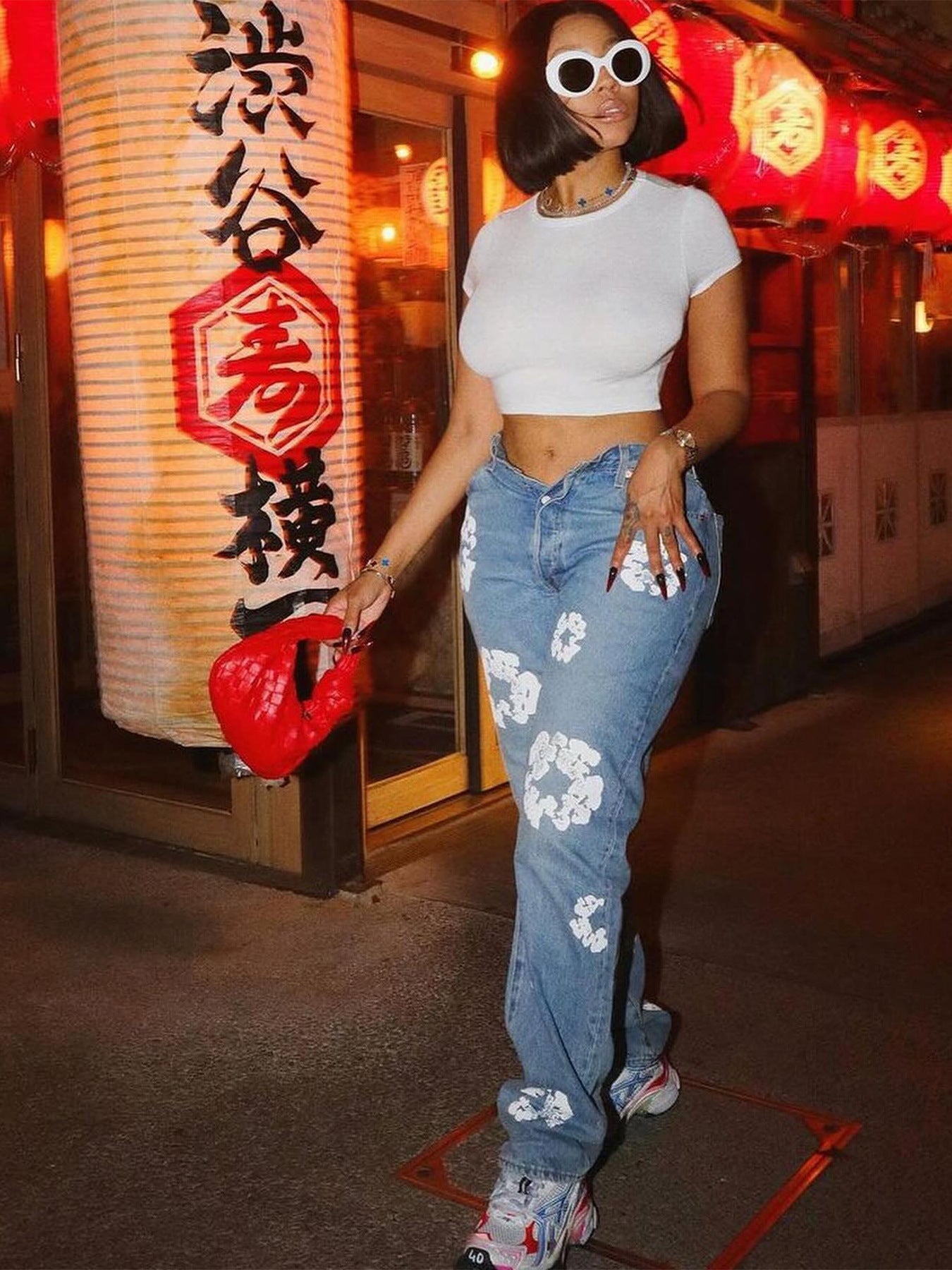 Women's Fashion Stretch Denim Fabric Flower Print Denim Trousers 6