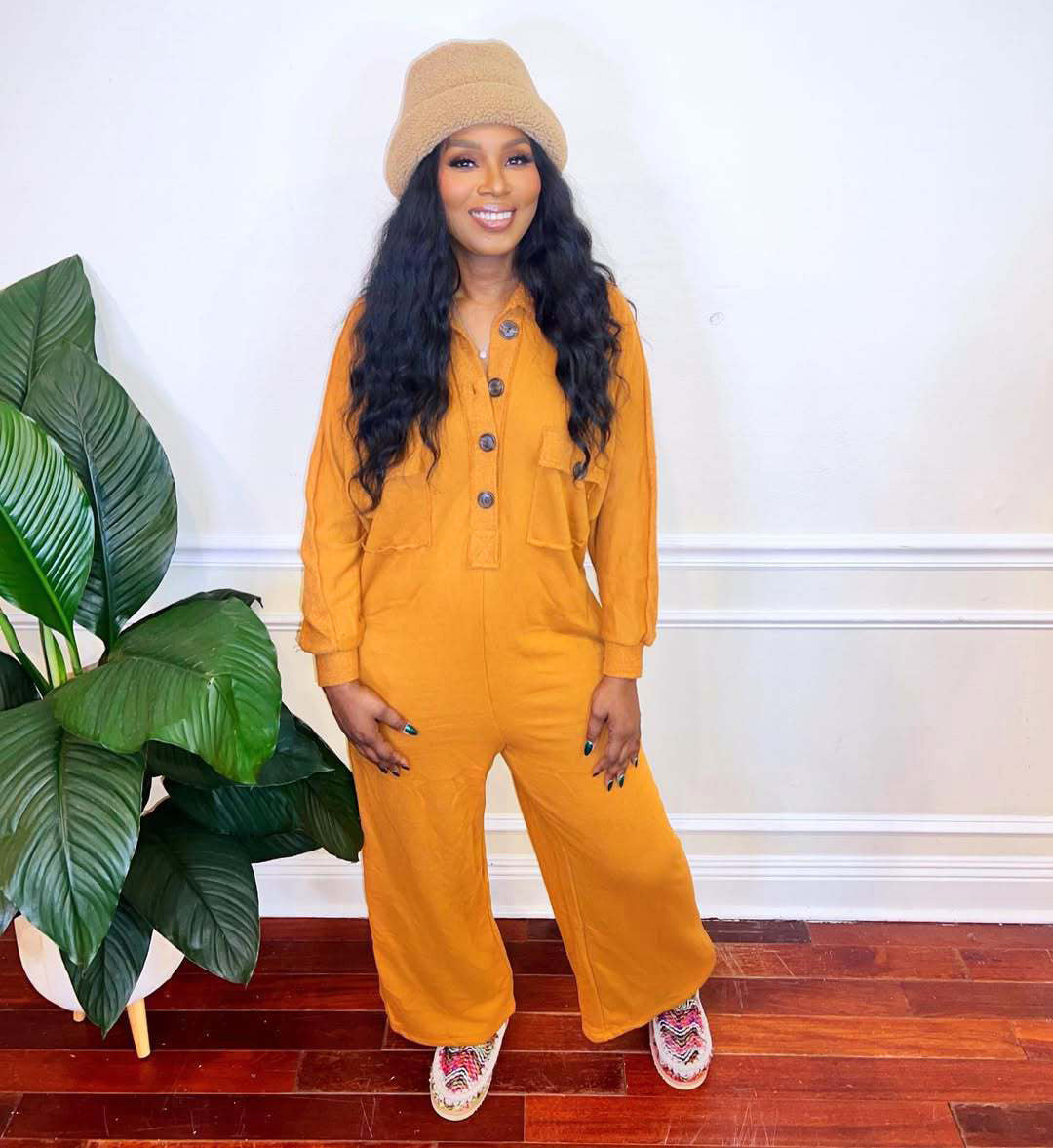 Women Casual Turndown Collar Wide-Leg Jumpsuit