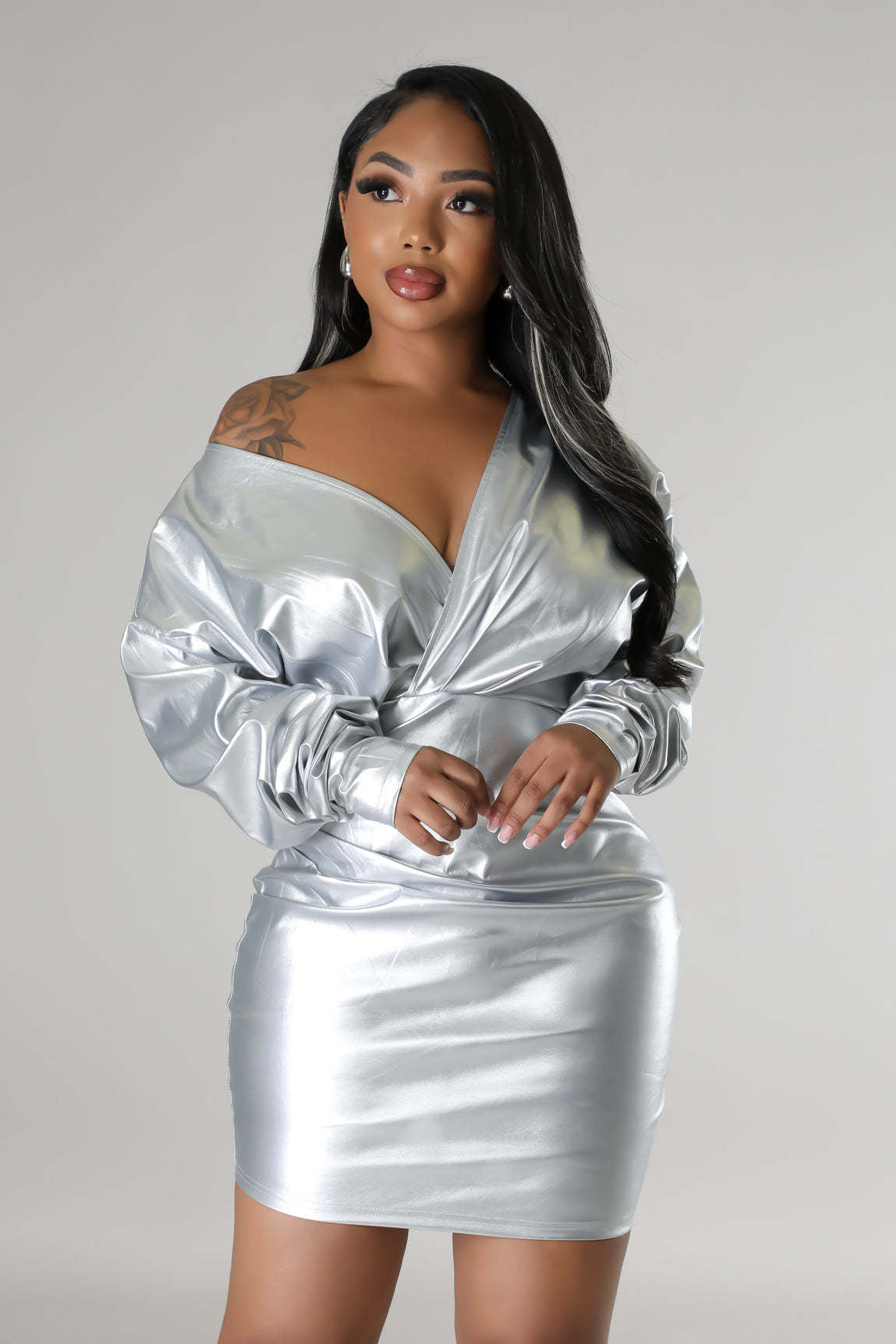 Women's Sexy V-Neck Long Sleeve Slim Leather Dress 12