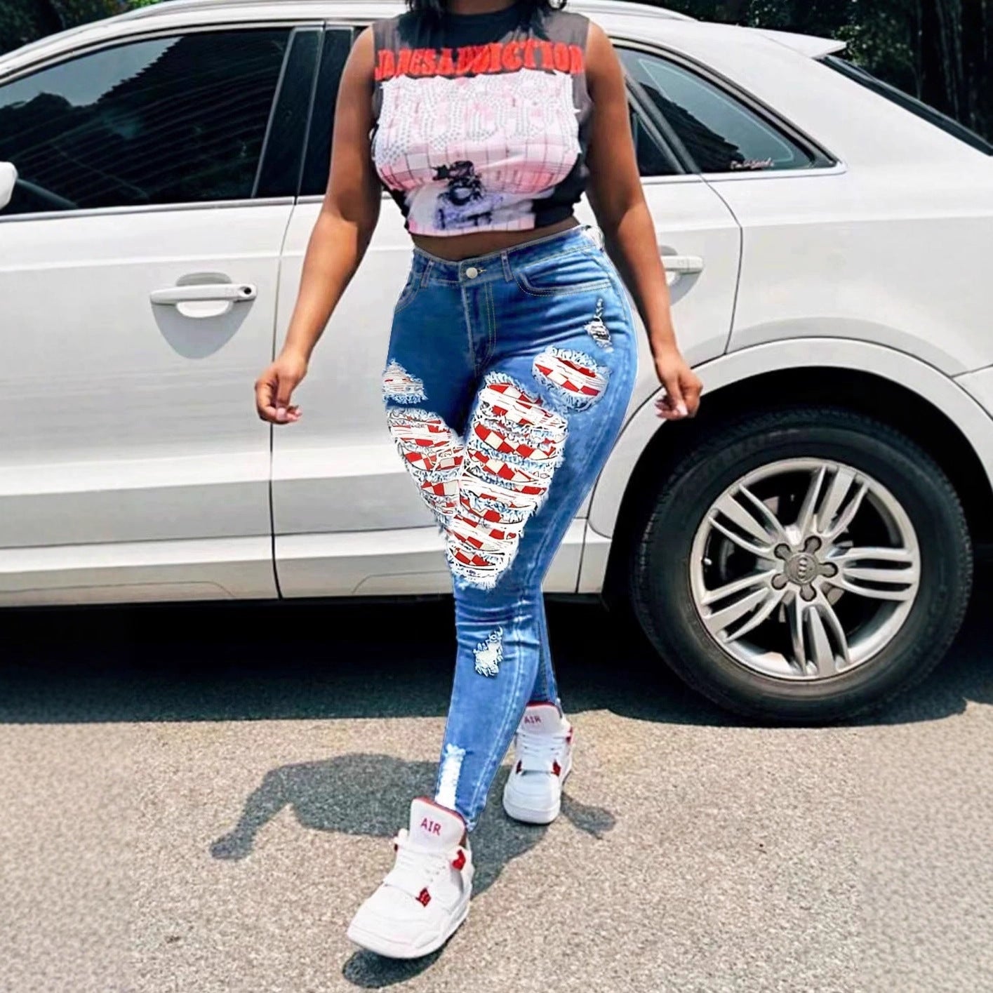 Women summer red plaid patchwork ripped casual stretch denim pants 3