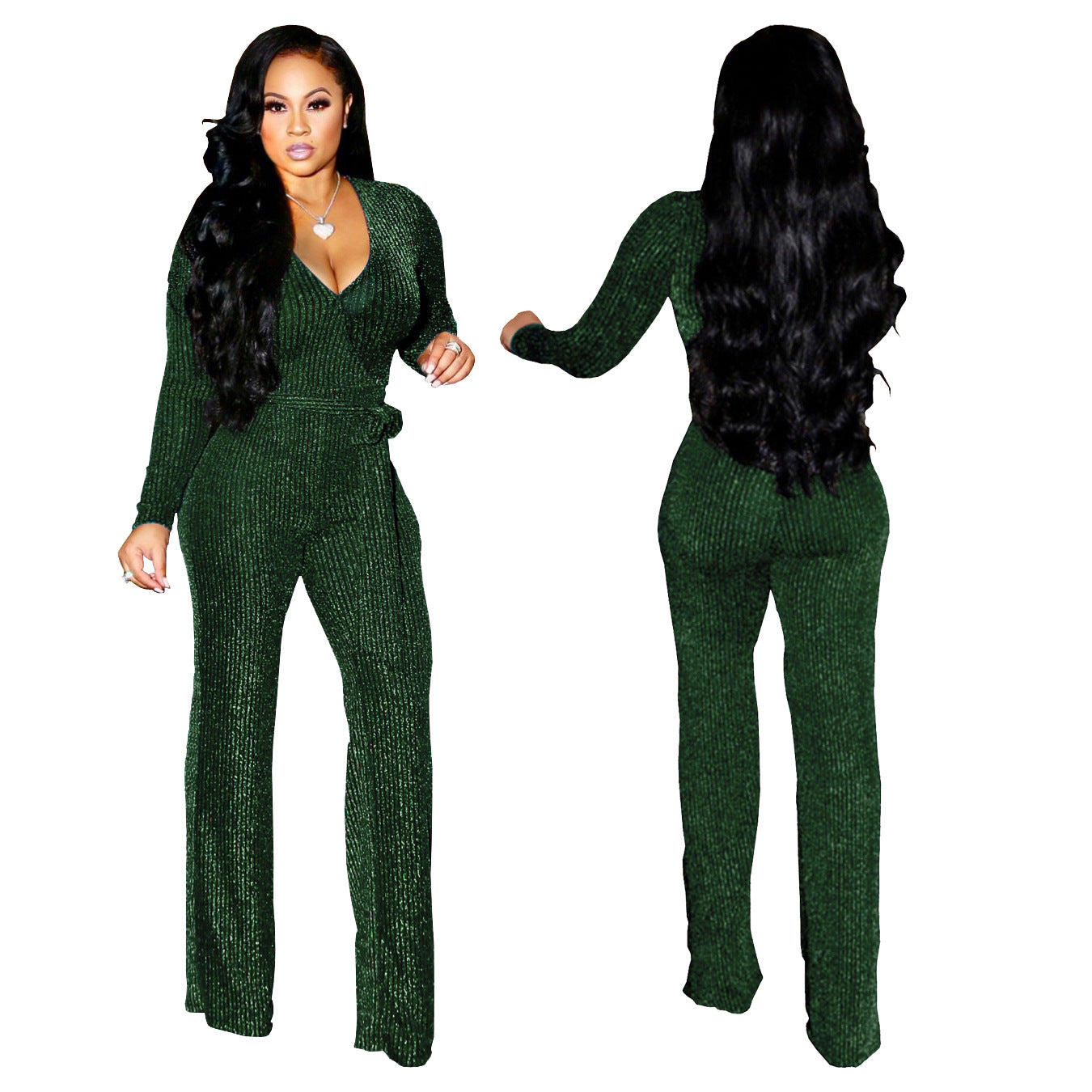 Winter Fashion V-Neck Belt Women's Jumpsuit 3