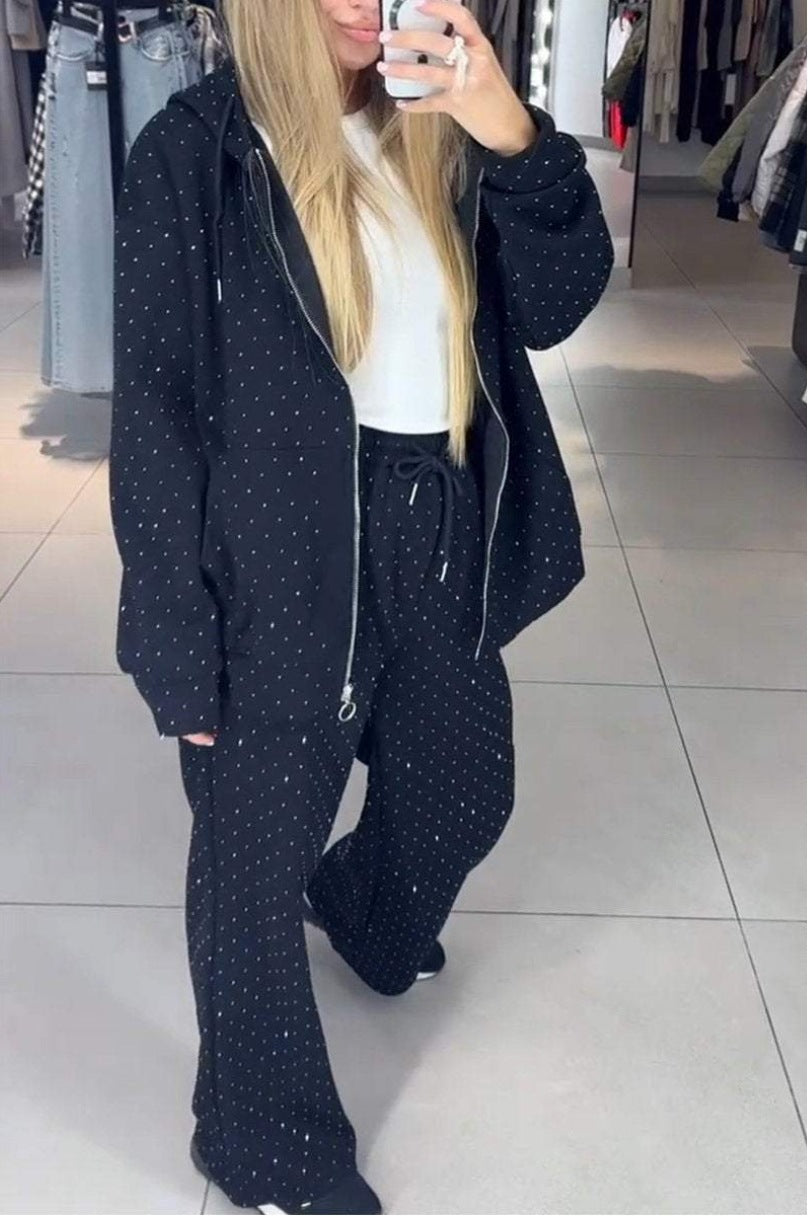 Women Autumn Winter Zipper Beaded Casual Hooded Hoodies Wide-Leg Pants Two-Piece Sports Suit 5
