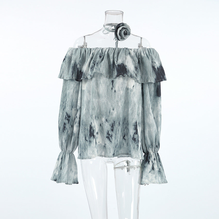 Women Floral Casual Print Off Shoulder Lace-up Bell Bottom Sleeve Top 8