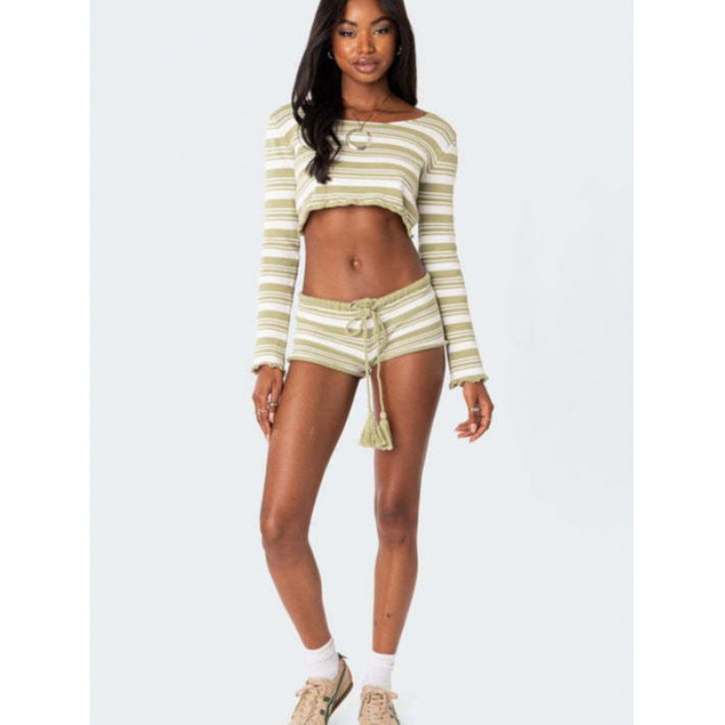 Women sexy striped Crop Top + Lace-up Shorts Two-piece Set 4