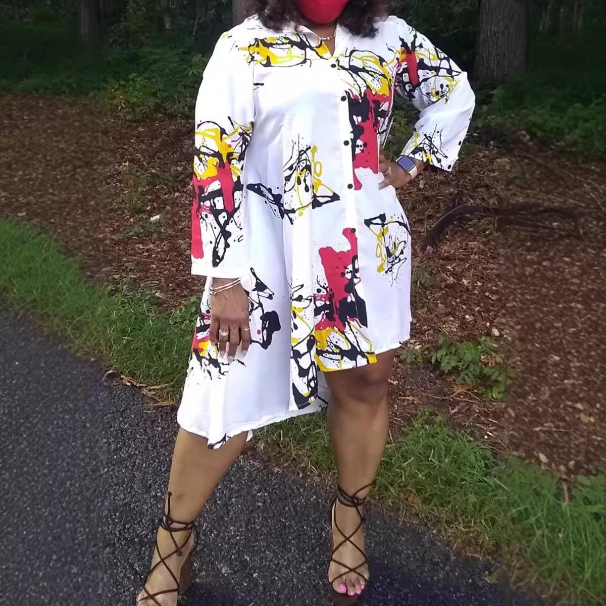 Women printed loose long-sleeved irregular shirt dress 4