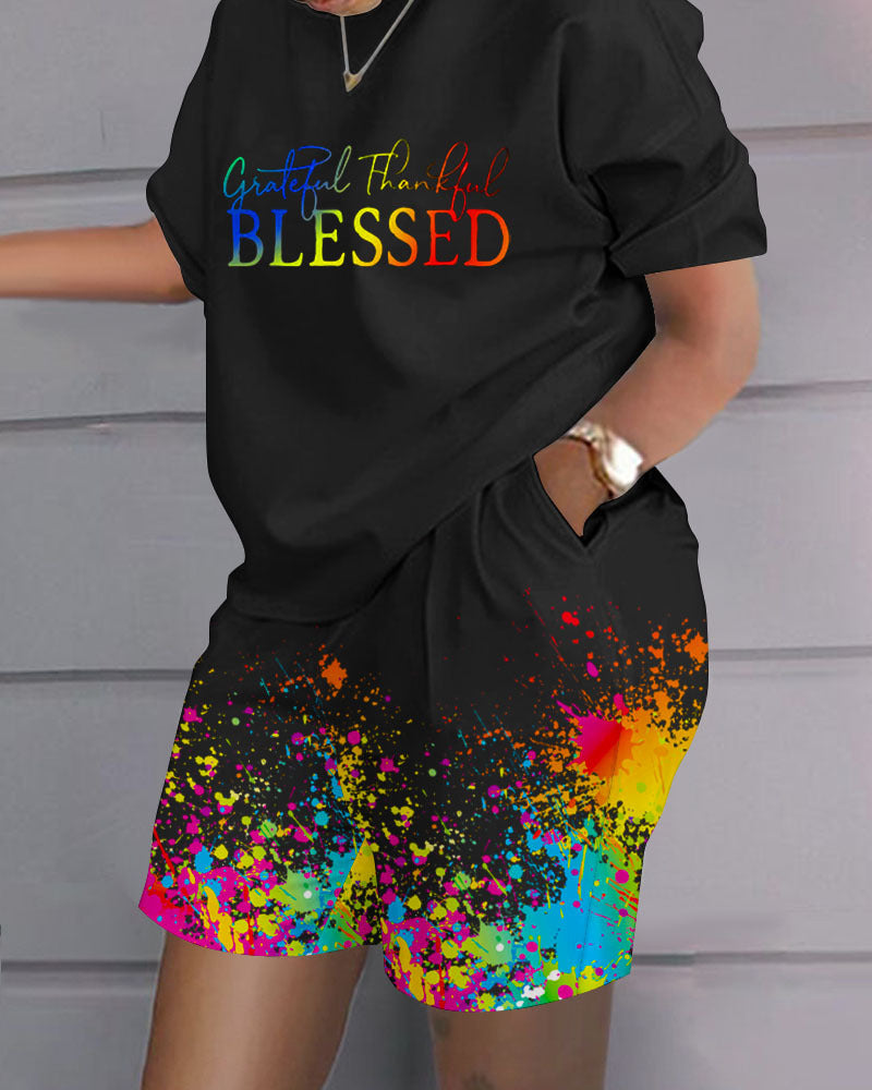 Plus Size Women Summer Print Casual Top and Shorts Two-piece Set 6