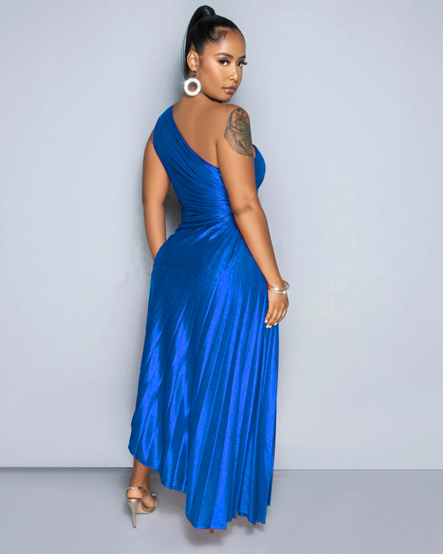 Women Pleated Slash Shoulder Shiny Dress 9