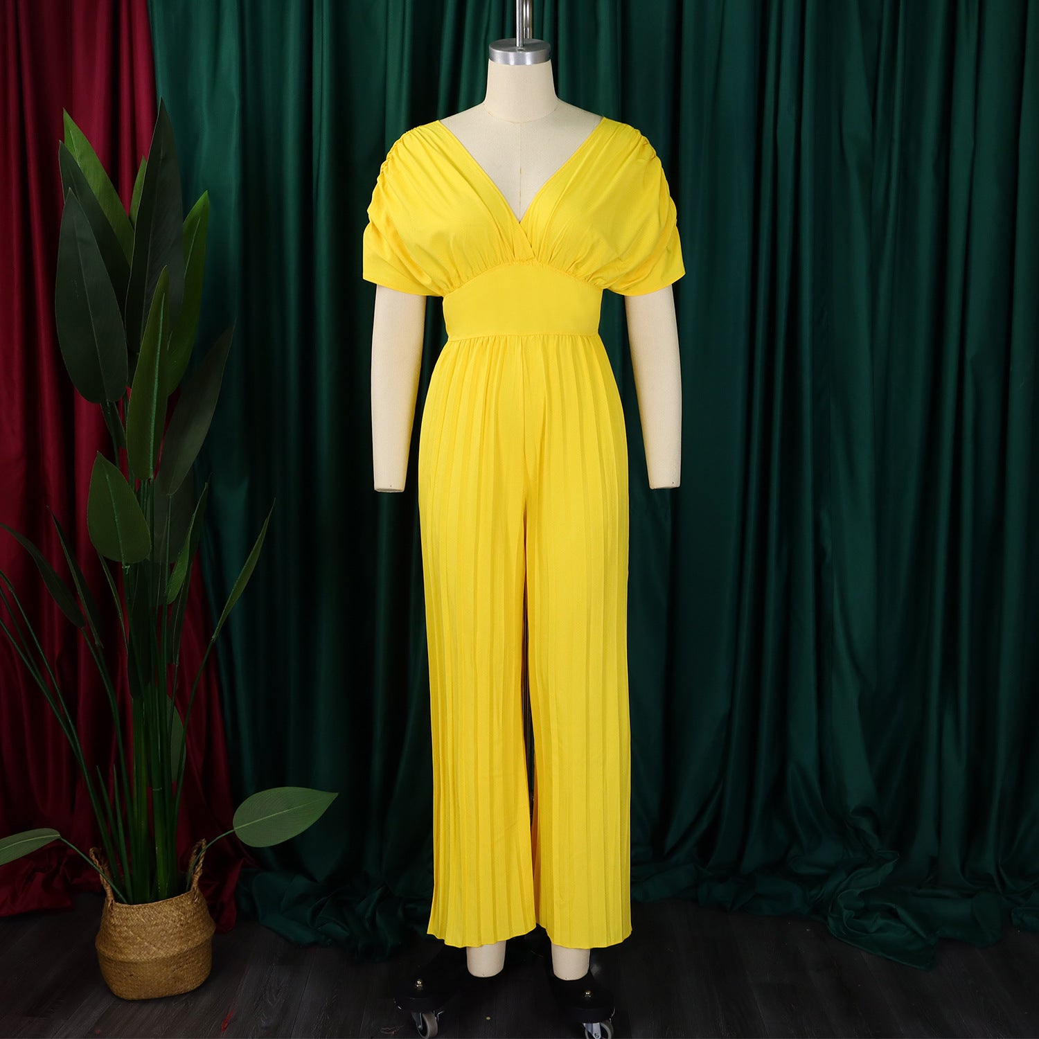 Women's V Neck Solid Color Pleated Jumpsuit 5