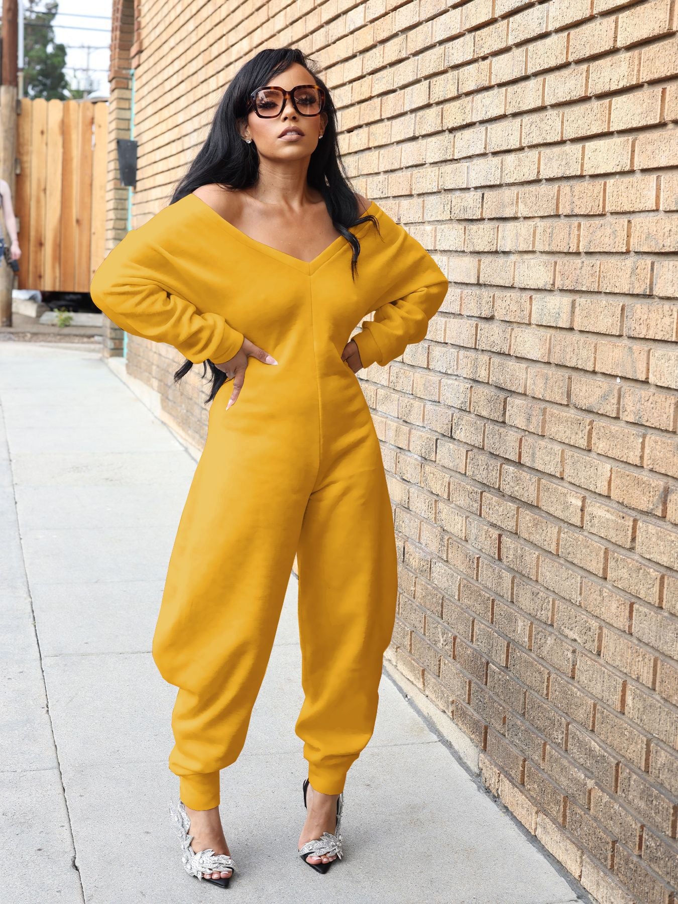 Women's Autumn Winter Solid Color V-Neck Sexy Long Sleeve Jumpsuit 5
