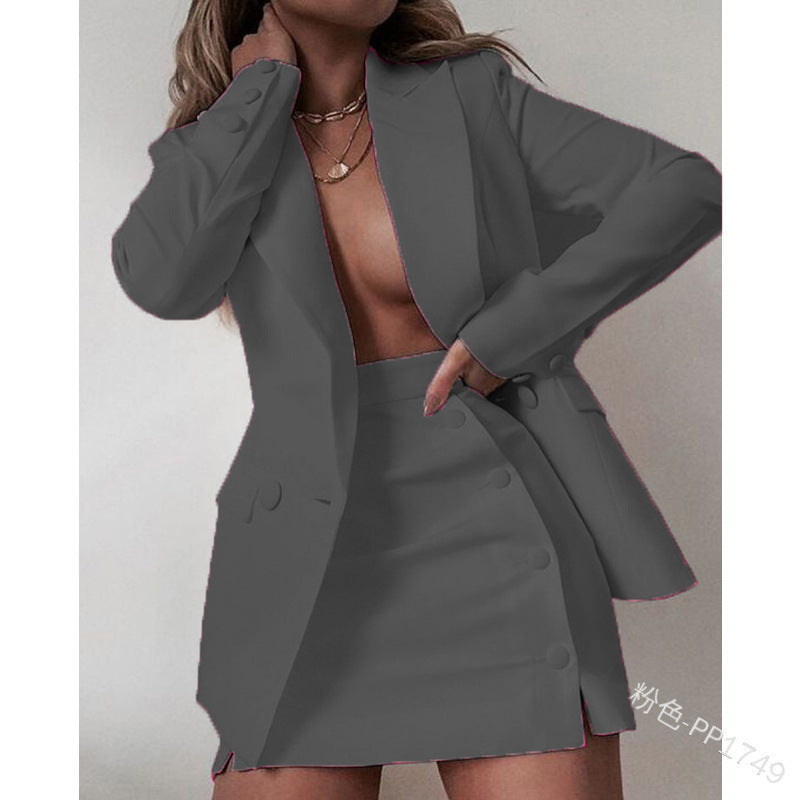 Solid Color Suit Blazer Coat Skirt Two Piece 10