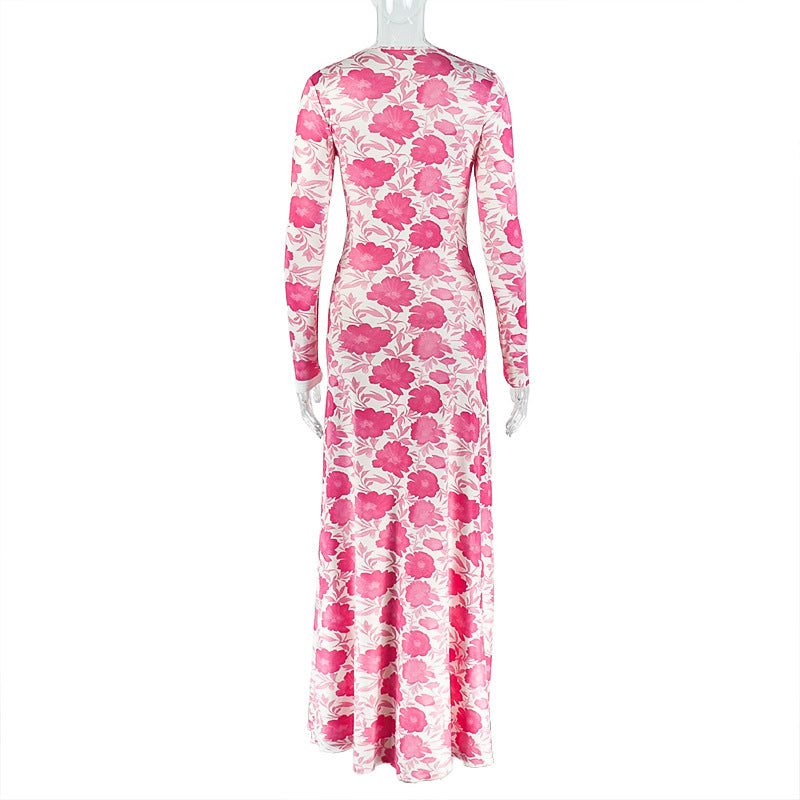 Women's Floral Print Slim Waist Side Split Long Sleeve Long Dress 8