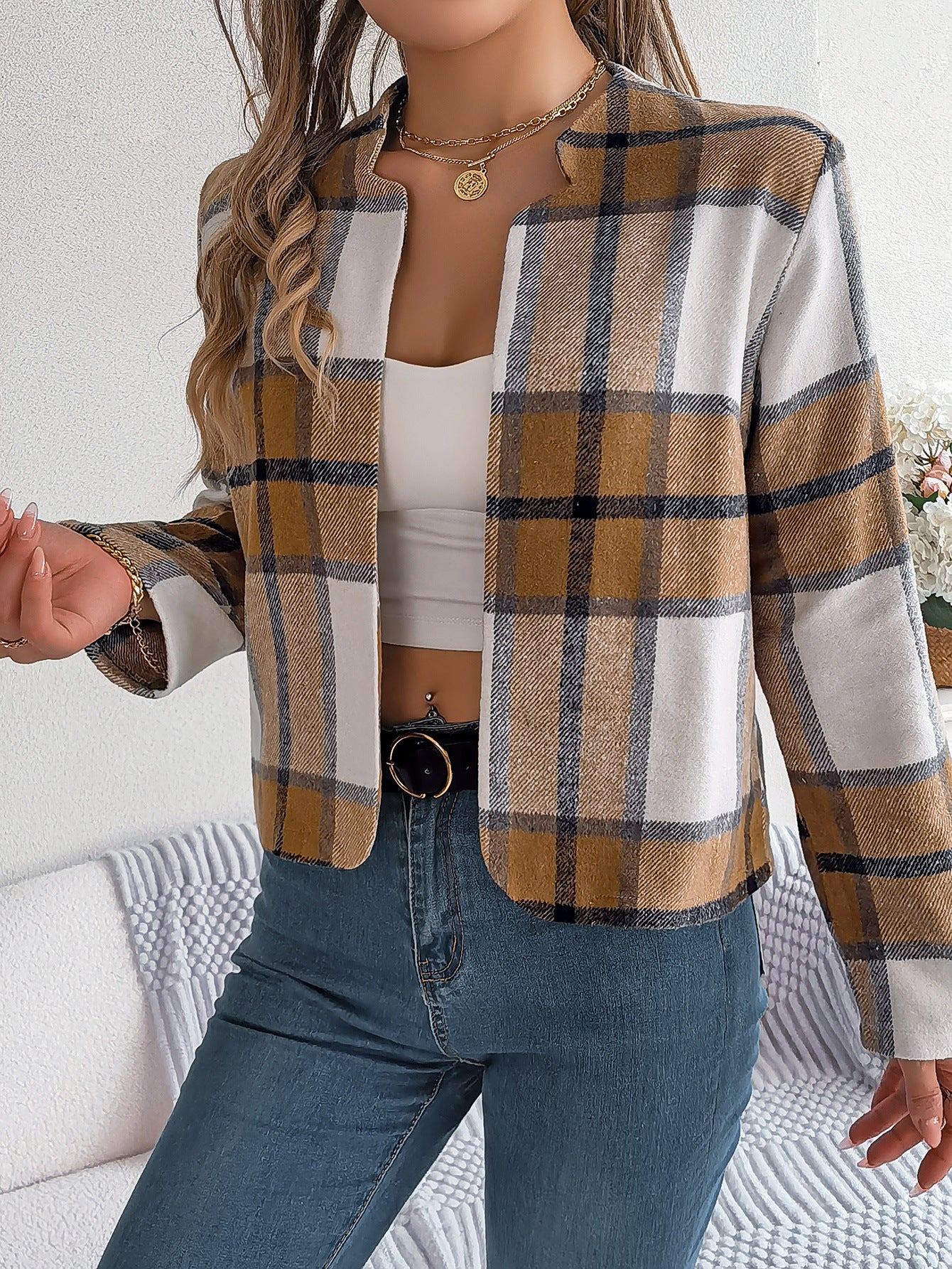 Autumn Winter Casual Plaid Long Sleeve Women Tweed Coat 19