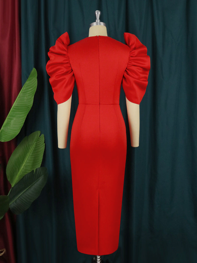 Plus Size Women Cut Out Round Neck Solid Pleated Short Sleeve Bodycon Dress 4