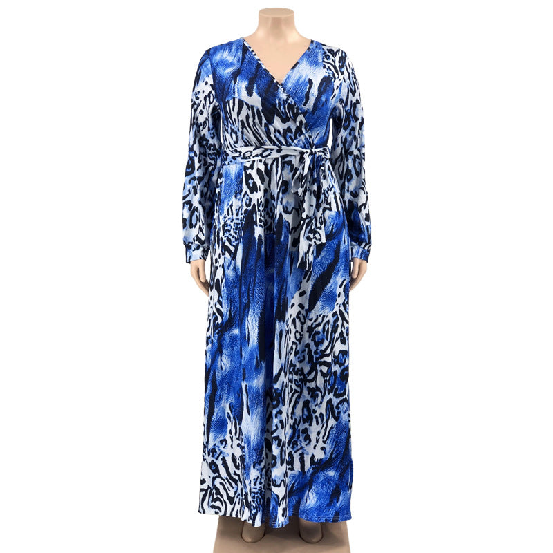 Summer Leopard Print Belted Wrap Neck Loose Plus Size Women's Dress 21