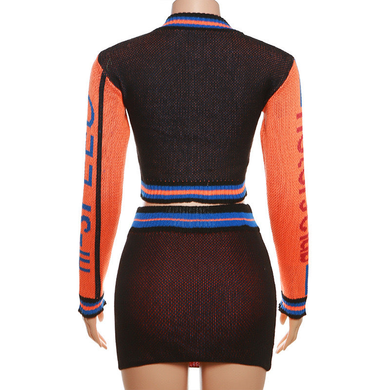 Autumn Letter Knit Zipper Ribbed Long Sleeve High Waist Two Piece Short Skirt Set 9