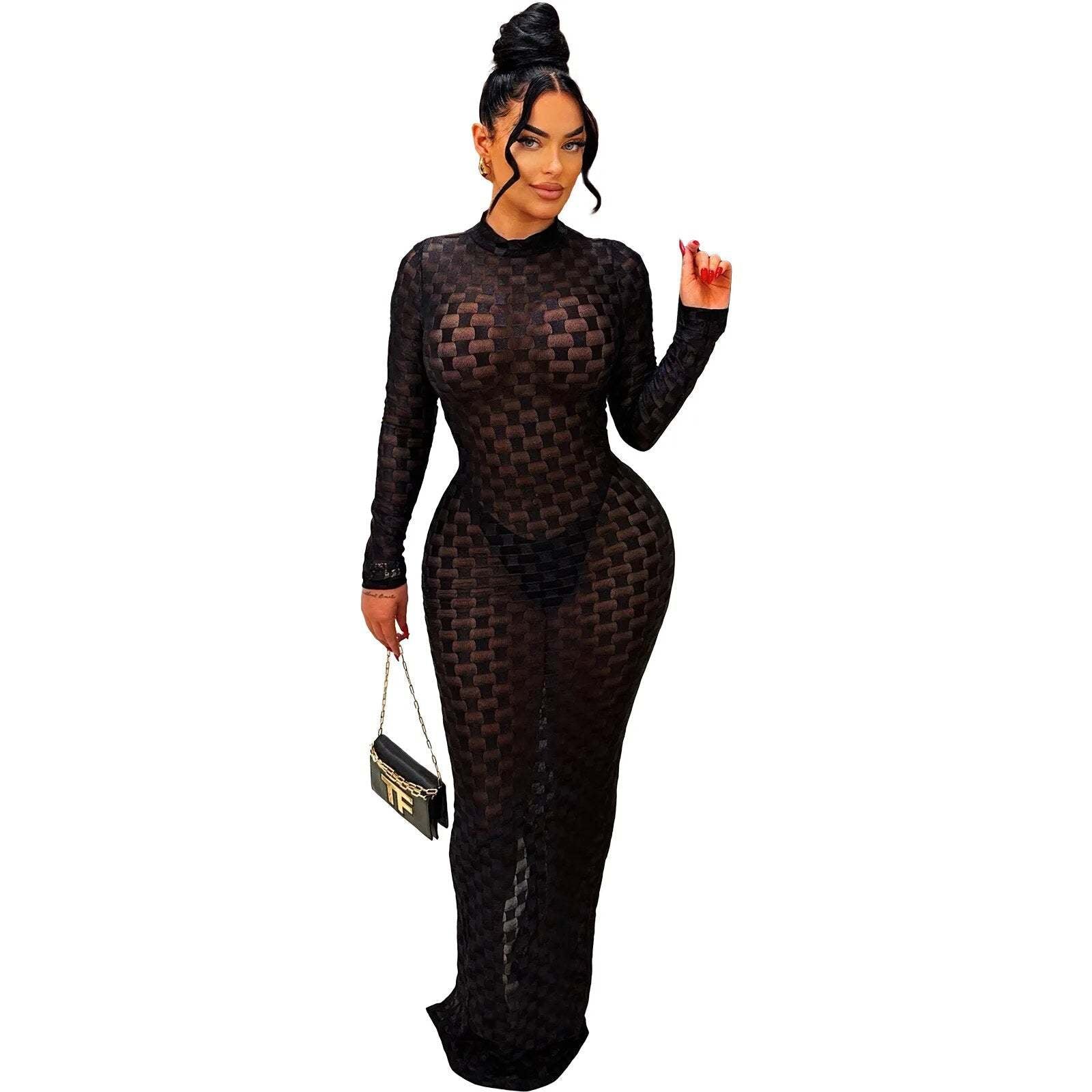Women's Fashion Mesh Round Neck Slim Fit Long Dress 11