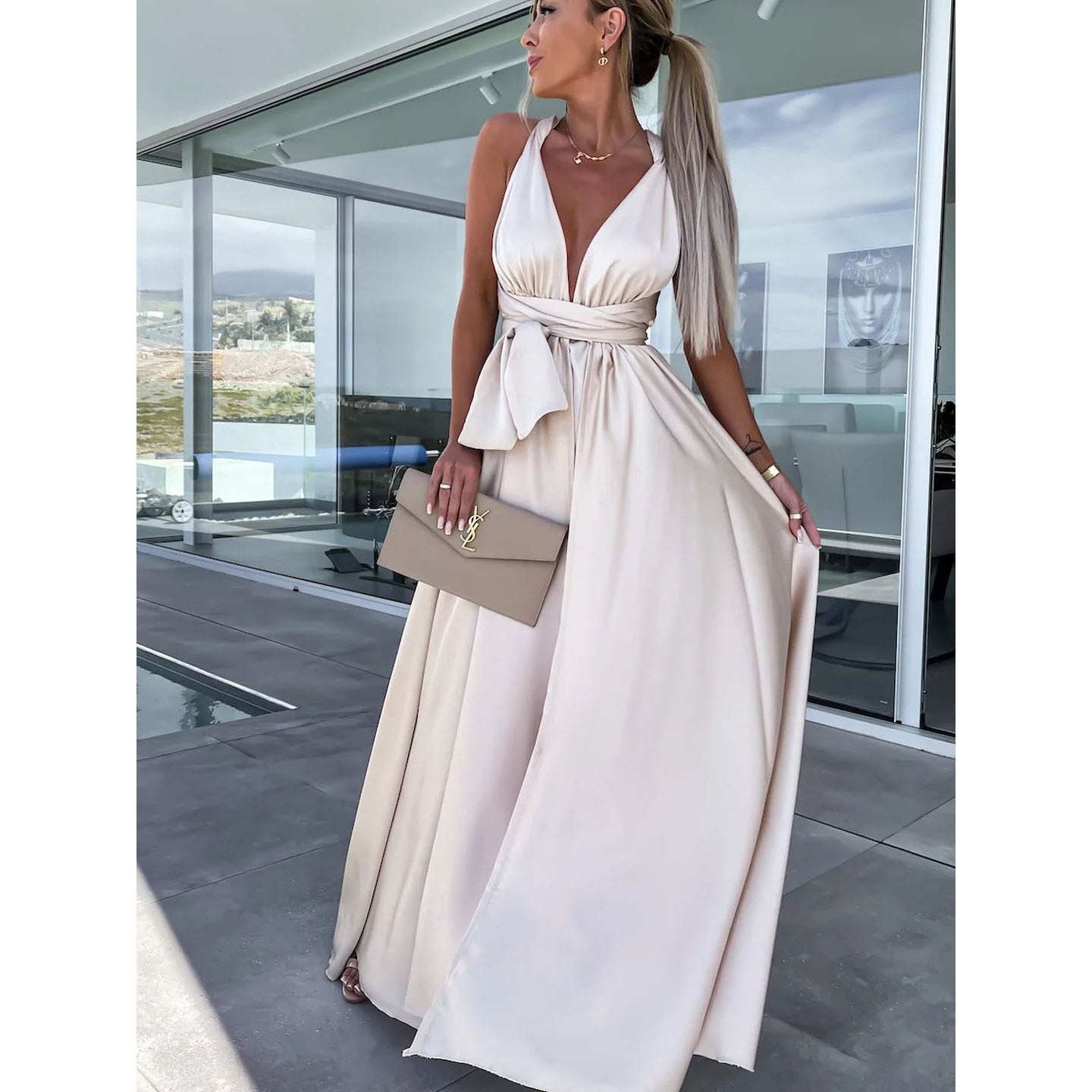 Spring Summer Sexy Solid Tie Long Dress Loose Casual Party Dress 7