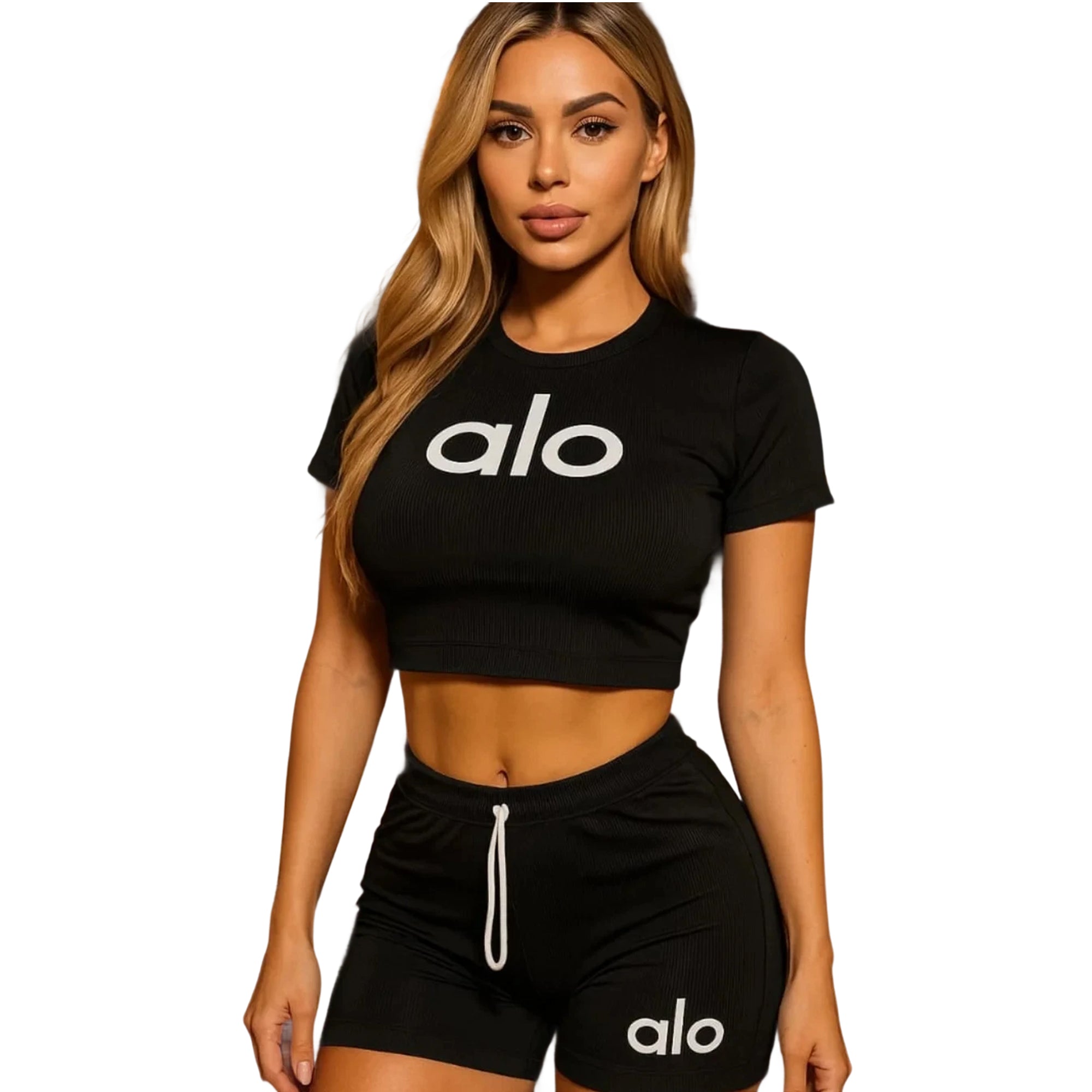 Women summer Stretch Round Neck short-sleeved top and shorts two-piece set 10