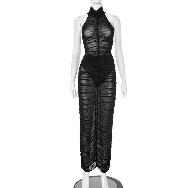 Spring Summer Women's Mesh See-Through Halter Neck Bodysuit Gathered Bodycon Skirt Set 9