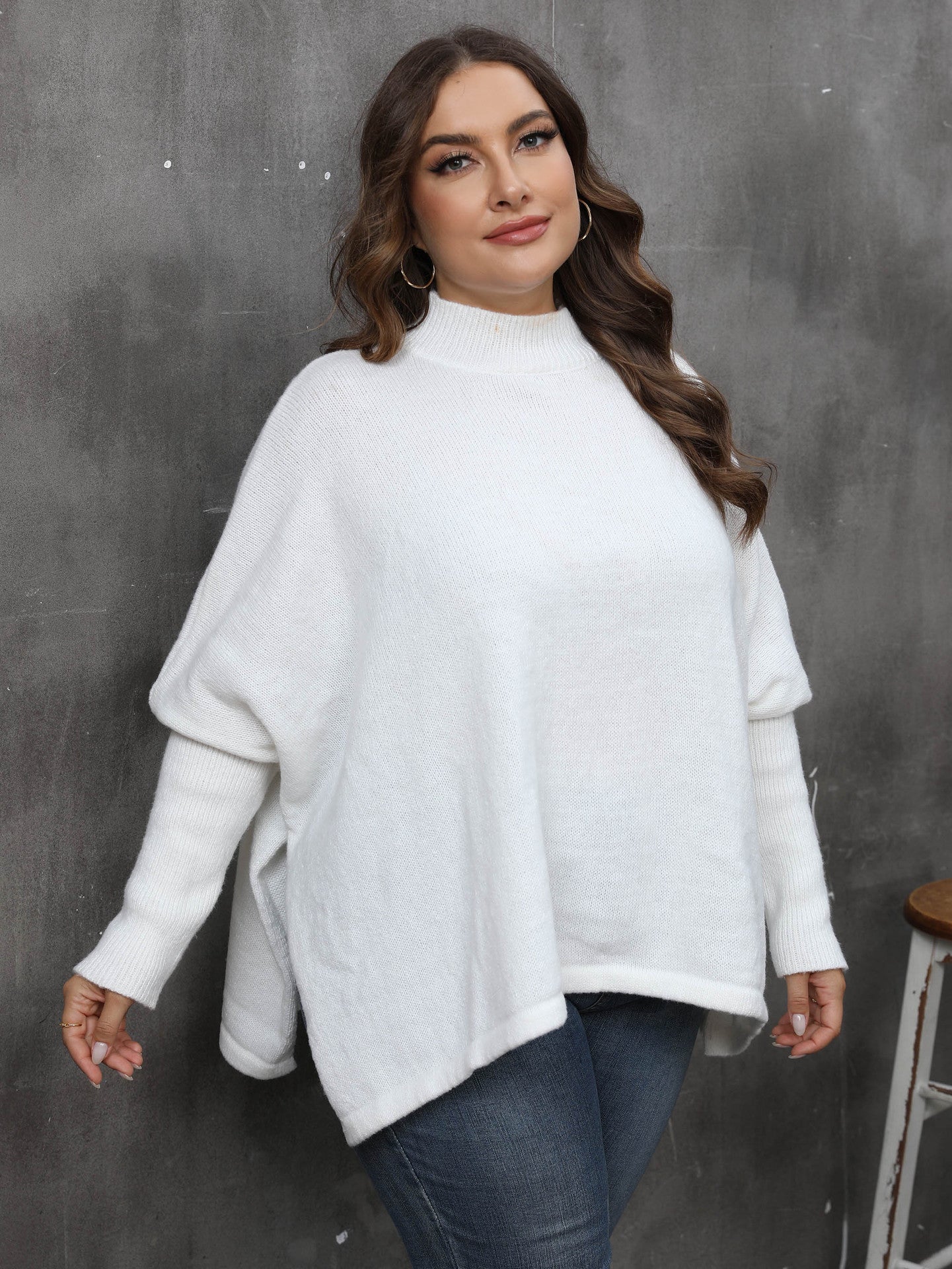 Women's Pullover Top Plus Size Women's Slit Bat Sleeves Turtleneck Loose Sweater 12